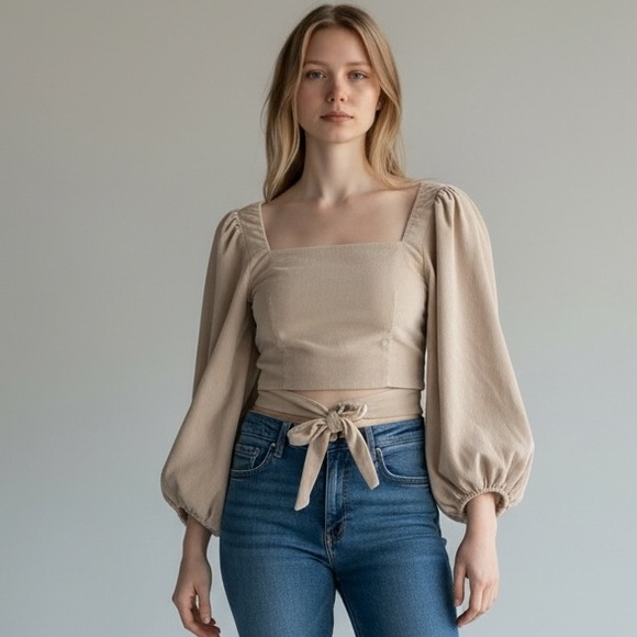 HYFVE Beige Smocked Crop Top XL Tie Back Puff Sleeve Boho Cottagecore Blouse - Picture 5 of 6